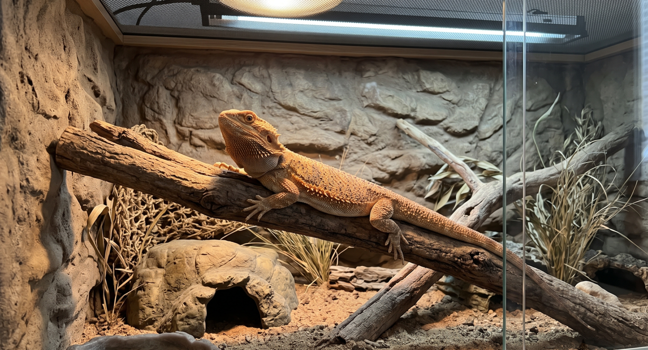 A healthy central bearded dragon (Pogona vitticeps) resting on a natural basking branch inside a spacious, well-designed 4x2x2 foot terrarium setup with a rock hide, desert backdrop, and overhead heating and UVB lighting.