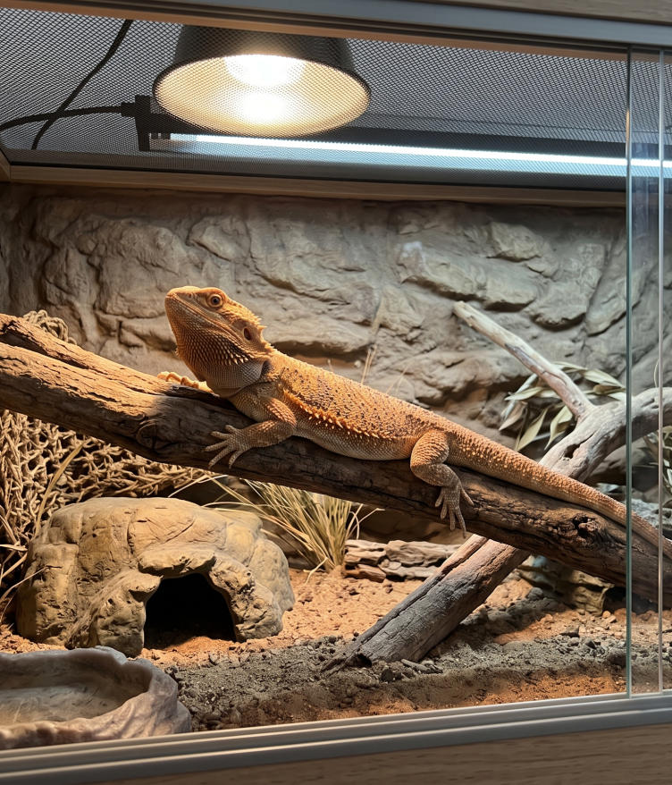 A healthy central bearded dragon (Pogona vitticeps) resting on a natural basking branch inside a spacious, well-designed 4x2x2 foot terrarium setup with a rock hide, desert backdrop, and overhead heating and UVB lighting.
