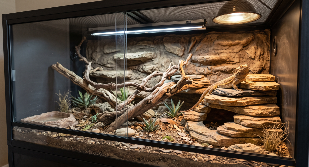 A high-quality, professional photograph of a healthy bearded dragon basking inside a meticulously designed 4x2x2-foot exotic pet habitat. The spacious, naturalistic glass enclosure features an arid, soil-based substrate cluttered with dry leaves, natural stones, and desert-style plants. Large, sprawling natural wood branches stretch across the habitat, providing climbing opportunities. On the right, a layered, natural rock formation serves as a basking platform and hide, where the bearded dragon sits comfortably under the warm glow of a dome heat lamp. A tubular UV light fixture is mounted along the mesh ceiling, illuminating the entire setup. A textured, rock-like background covers the rear of the enclosure, completed by sliding glass front doors and a shallow bowl on the left, creating a clean, thriving environment.