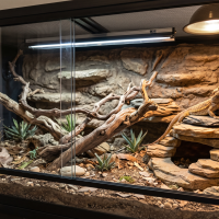 A high-quality, professional photograph of a healthy bearded dragon basking inside a meticulously designed 4x2x2-foot exotic pet habitat. The spacious, naturalistic glass enclosure features an arid, soil-based substrate cluttered with dry leaves, natural stones, and desert-style plants. Large, sprawling natural wood branches stretch across the habitat, providing climbing opportunities. On the right, a layered, natural rock formation serves as a basking platform and hide, where the bearded dragon sits comfortably under the warm glow of a dome heat lamp. A tubular UV light fixture is mounted along the mesh ceiling, illuminating the entire setup. A textured, rock-like background covers the rear of the enclosure, completed by sliding glass front doors and a shallow bowl on the left, creating a clean, thriving environment.
