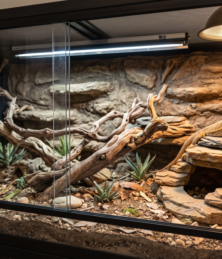 A high-quality, professional photograph of a healthy bearded dragon basking inside a meticulously designed 4x2x2-foot exotic pet habitat. The spacious, naturalistic glass enclosure features an arid, soil-based substrate cluttered with dry leaves, natural stones, and desert-style plants. Large, sprawling natural wood branches stretch across the habitat, providing climbing opportunities. On the right, a layered, natural rock formation serves as a basking platform and hide, where the bearded dragon sits comfortably under the warm glow of a dome heat lamp. A tubular UV light fixture is mounted along the mesh ceiling, illuminating the entire setup. A textured, rock-like background covers the rear of the enclosure, completed by sliding glass front doors and a shallow bowl on the left, creating a clean, thriving environment.