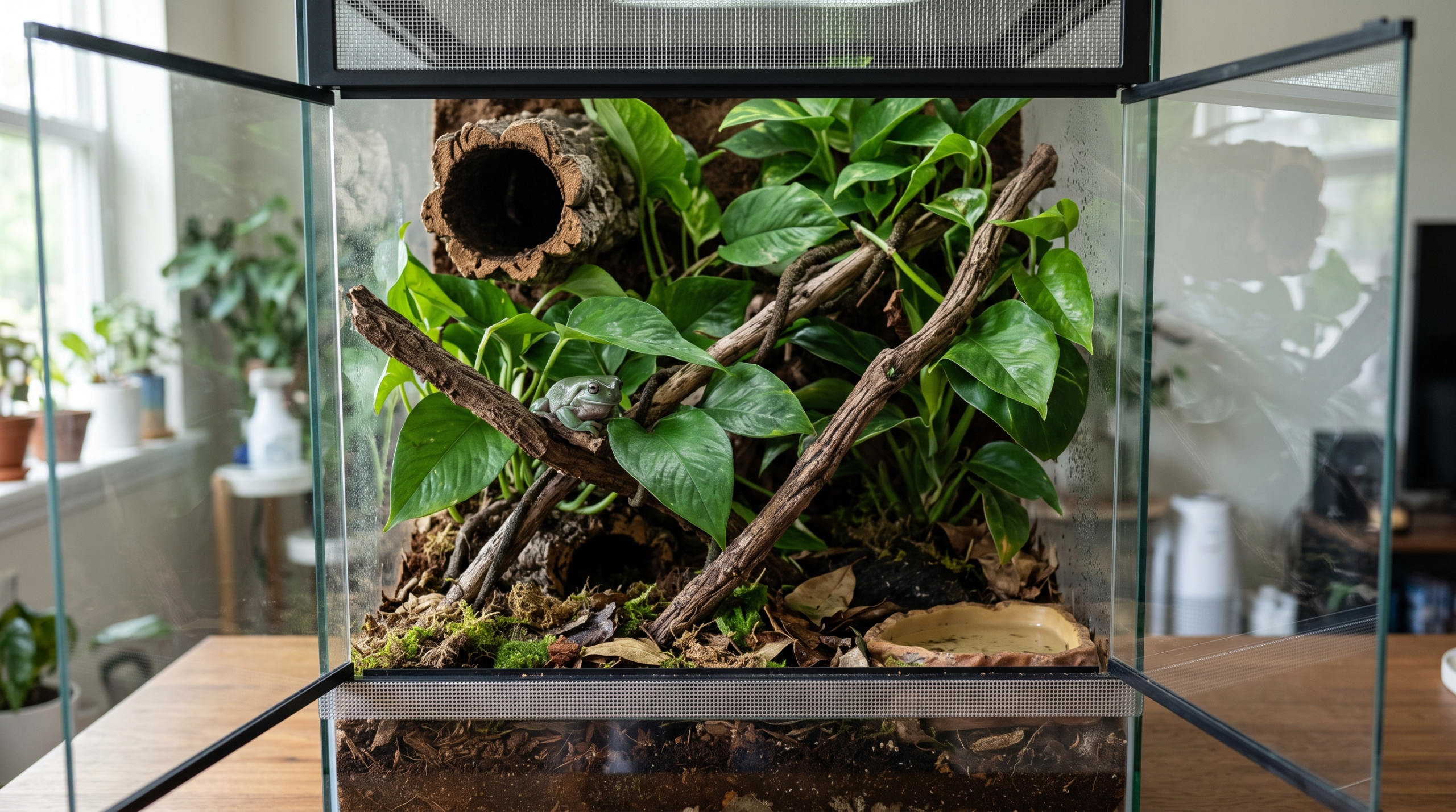 A planted, highly accessible White's tree frog terrarium featuring broad leaf plants and multiple hiding spots.