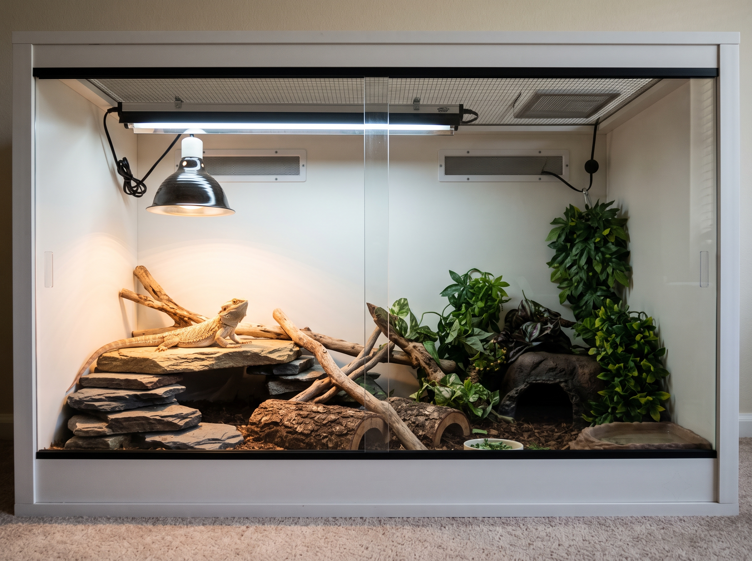 Reptile terrarium showing the correct positioning of a linear UVB tube alongside a heat lamp.