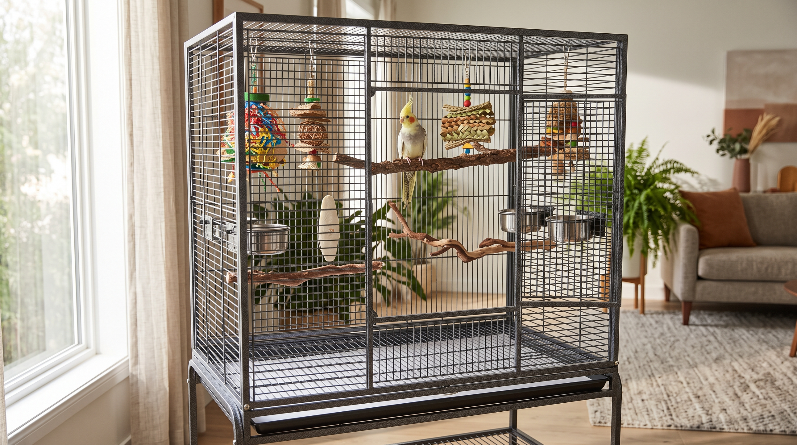 A spacious wire flight cage for a pet bird featuring natural wood perches, foraging toys, and appropriate bar spacing.