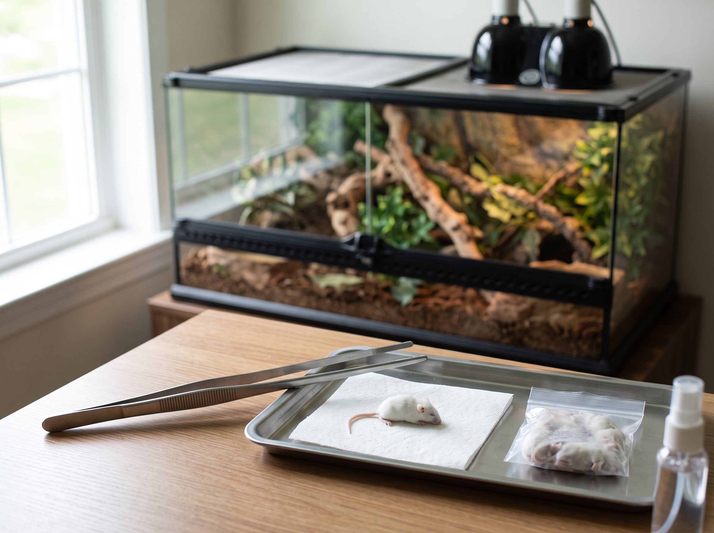 A clean and responsible feeding setup demonstrating what do pet snakes eat, featuring metal feeding tongs, a thawed white feeder mouse on a steel tray, and a secure glass reptile terrarium in the background.
