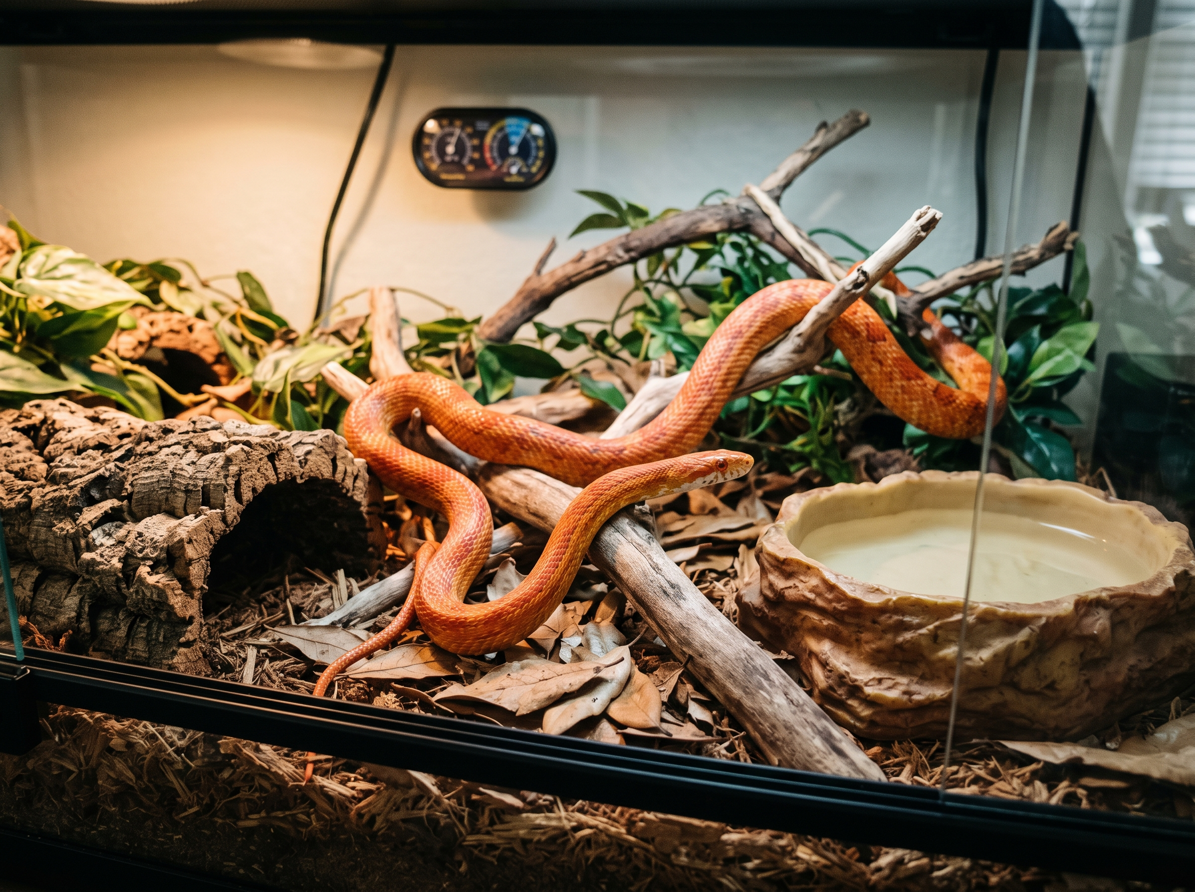A healthy orange pet Corn Snake exploring a naturalistic glass terrarium with proper hides and a resin water dish, showing the type of secure setup needed when learning what do pet snakes eat and how to care for them.