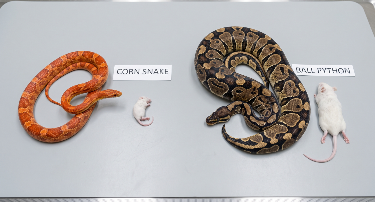 An educational visual comparison helping owners understand what do pet snakes eat, showing a Corn Snake next to a small feeder mouse and a Ball Python next to a larger feeder mouse on a table.