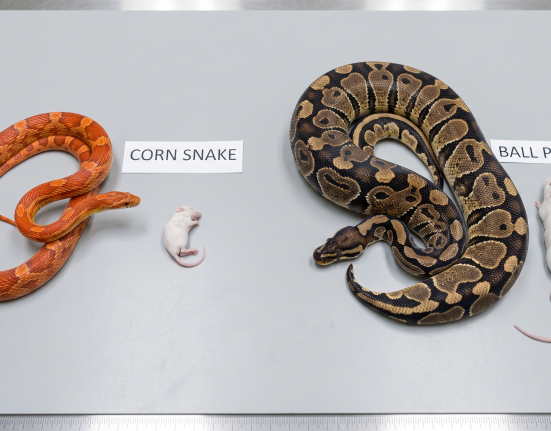 An educational visual comparison helping owners understand what do pet snakes eat, showing a Corn Snake next to a small feeder mouse and a Ball Python next to a larger feeder mouse on a table.