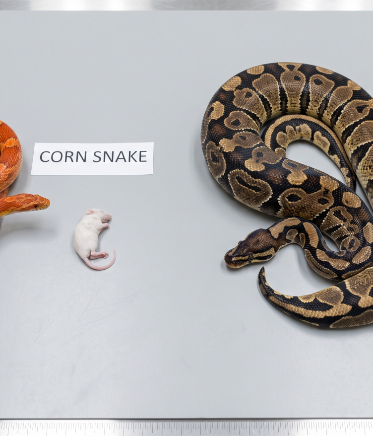 An educational visual comparison helping owners understand what do pet snakes eat, showing a Corn Snake next to a small feeder mouse and a Ball Python next to a larger feeder mouse on a table.