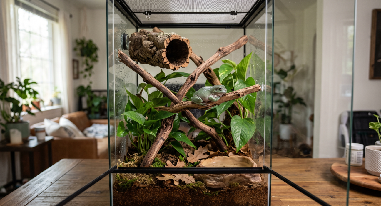 A realistic indoor photograph of a tall glass terrarium set up as a natural frog habitat for a White’s tree frog, featuring a plump green frog resting on sturdy climbing branches, lush live pothos plants, a suspended cork bark hide, moist coconut-fiber substrate with leaf litter, and a shallow water dish, resting on a wooden table.