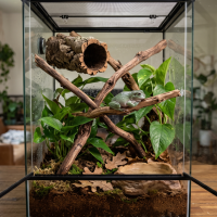A realistic indoor photograph of a tall glass terrarium set up as a natural frog habitat for a White’s tree frog, featuring a plump green frog resting on sturdy climbing branches, lush live pothos plants, a suspended cork bark hide, moist coconut-fiber substrate with leaf litter, and a shallow water dish, resting on a wooden table.