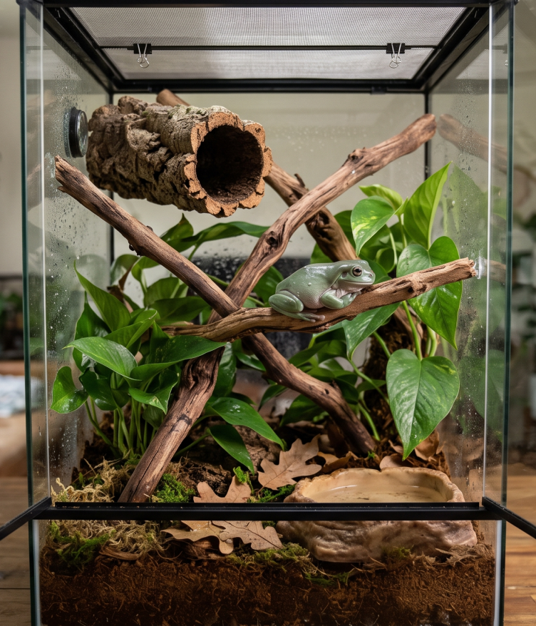 A realistic indoor photograph of a tall glass terrarium set up as a natural frog habitat for a White’s tree frog, featuring a plump green frog resting on sturdy climbing branches, lush live pothos plants, a suspended cork bark hide, moist coconut-fiber substrate with leaf litter, and a shallow water dish, resting on a wooden table.